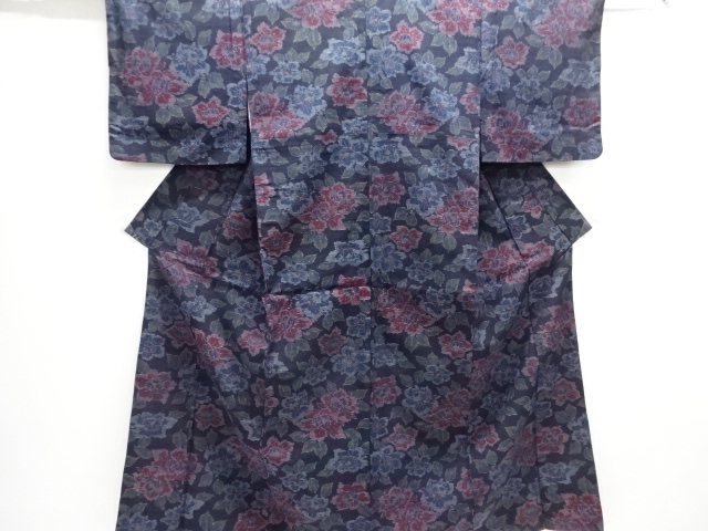 アンティーク　草花模様織出し手織り紬着物